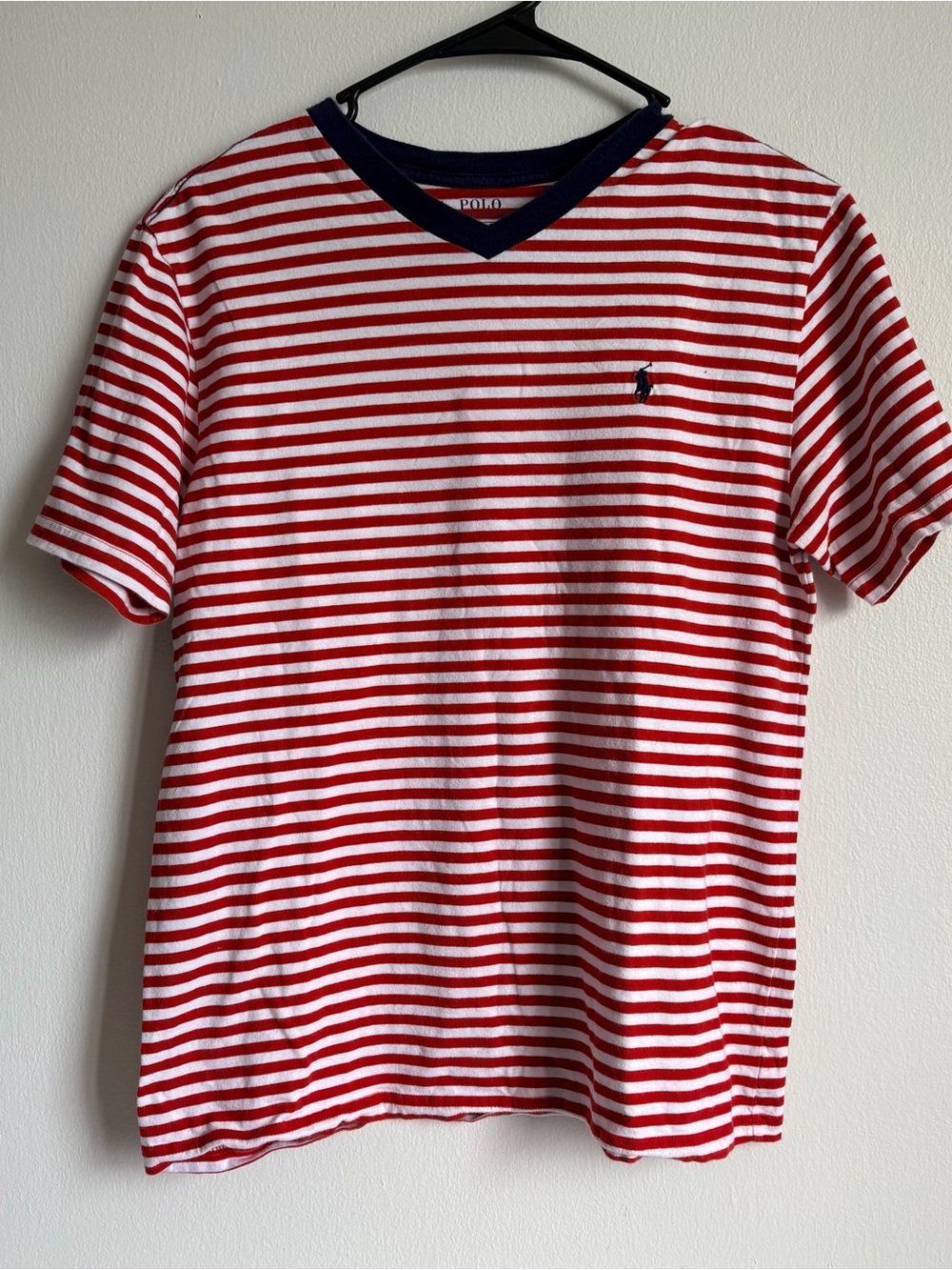 Polo by Ralph Lauren Red & White Striped V-Neck Tee with Navy Trim